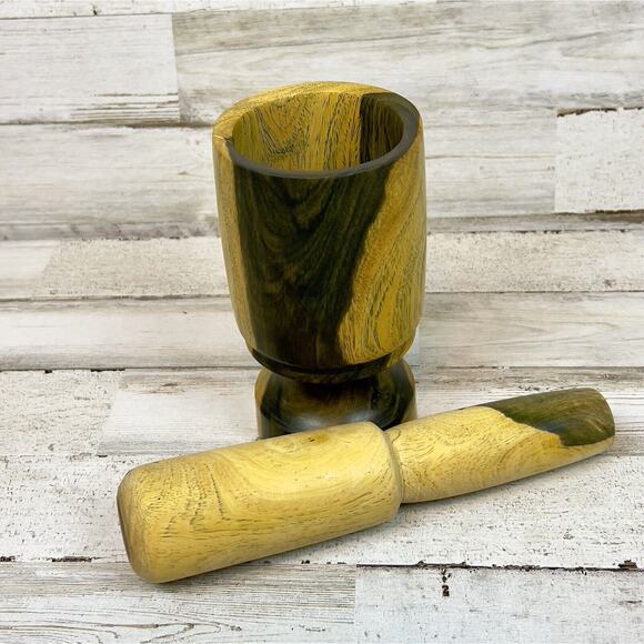 Two Toned Wood Mortar and Pestle Smashing and Grinding Kitchen Tool - Picture 2 of 8